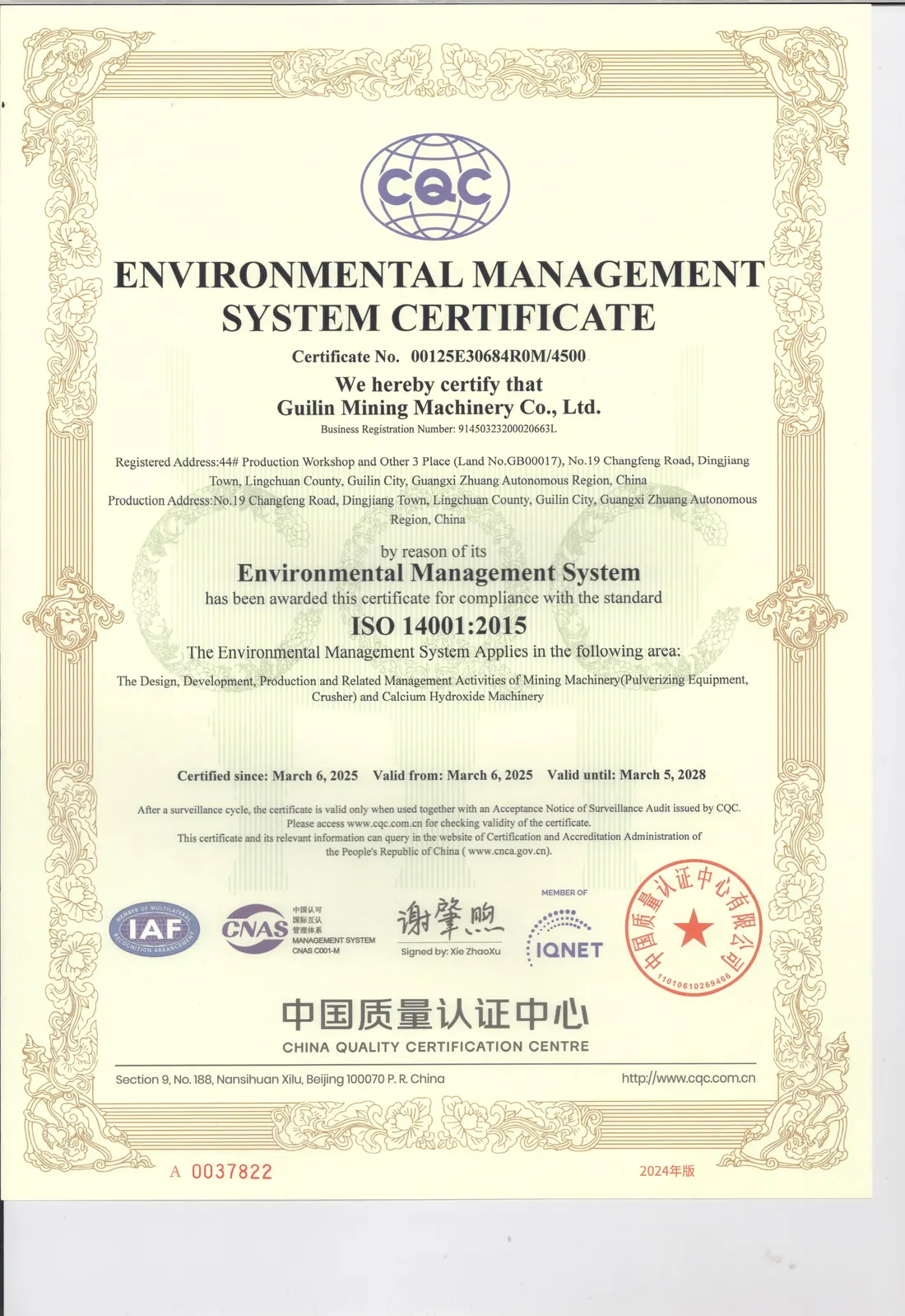 ISO environmental management certificate